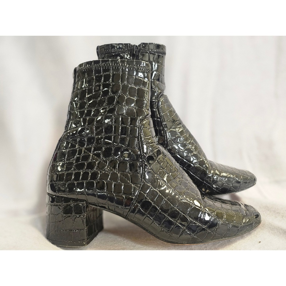 Aldo Black Croc Embossed Patent Leather Ankle Boots Square Toe Block Heel 7.5